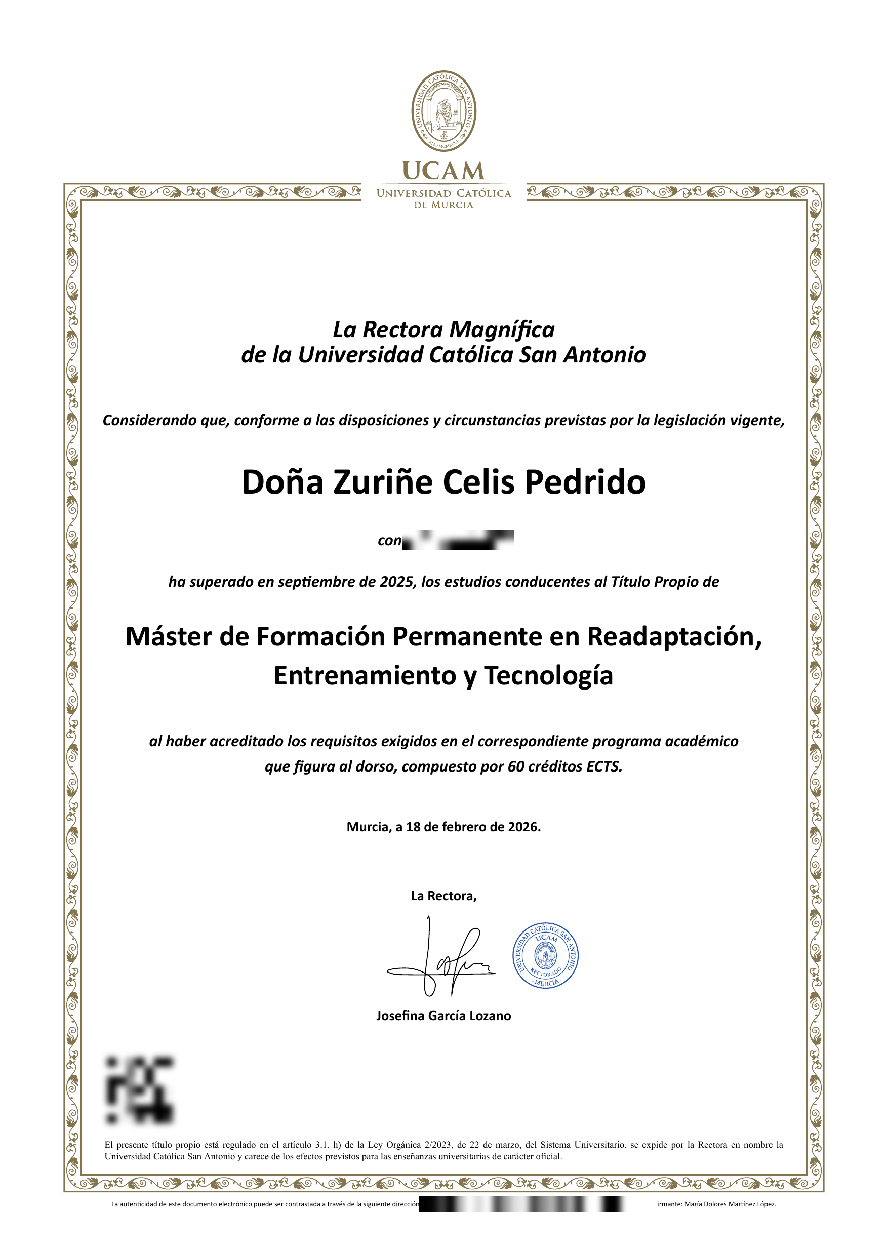 Diploma · Máster de Formación Permanente en Readaptación, Entrenamiento y Tecnología